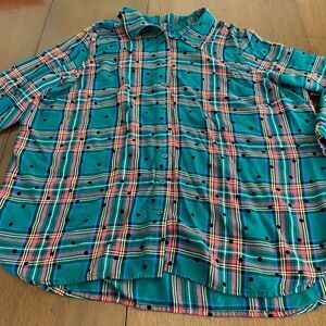 Denim & Co. Shirt Women's 1XP Green Red Plaid‎ Polka Dot Long Sleeve Button-Up